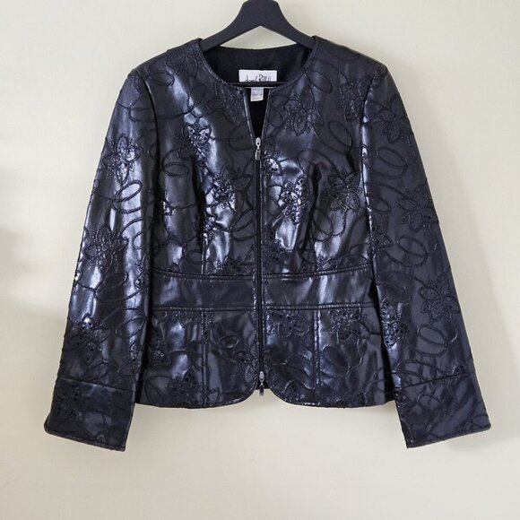 Joseph Ribkoff Jacket Womens 8 Black Faux Leather Sequin Embroidery Whimsigoth - Picture 16 of 16